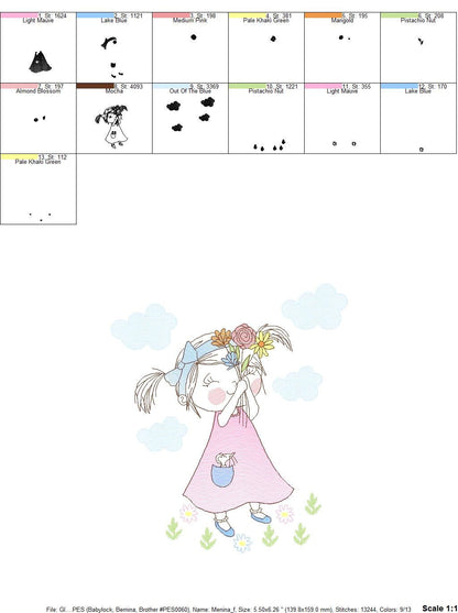 Girl embroidery designs - Flower girl embroidery design machine embroidery pattern - Girl with flowers embroidery file butterfly embroidery