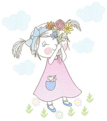 Girl embroidery designs - Flower girl embroidery design machine embroidery pattern - Girl with flowers embroidery file butterfly embroidery