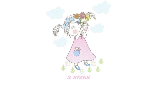 Girl embroidery designs - Flower girl embroidery design machine embroidery pattern - Girl with flowers embroidery file butterfly embroidery