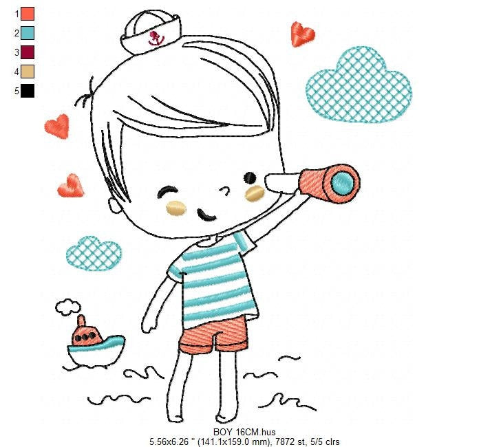 Boat embroidery design - Baby Boy with telescope machine embroidery pattern - Nautical embroidery file - Instant digital download pes jef