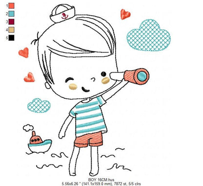 Boat embroidery design - Baby Boy with telescope machine embroidery pattern - Nautical embroidery file - Instant digital download pes jef
