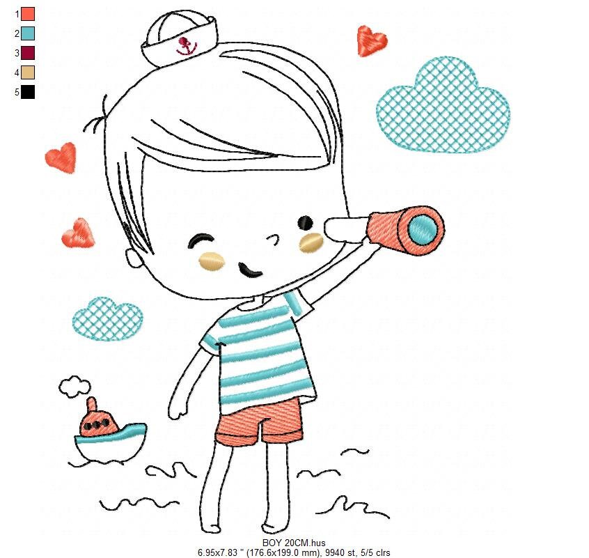 Boat embroidery design - Baby Boy with telescope machine embroidery pattern - Nautical embroidery file - Instant digital download pes jef