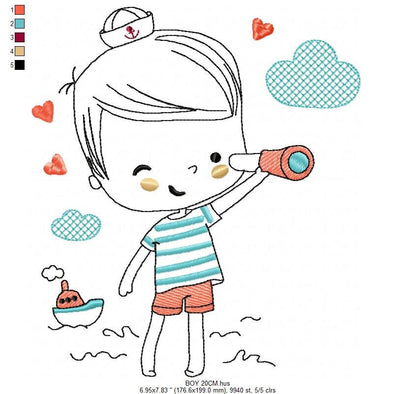 Boat embroidery design - Baby Boy with telescope machine embroidery pattern - Nautical embroidery file - Instant digital download pes jef