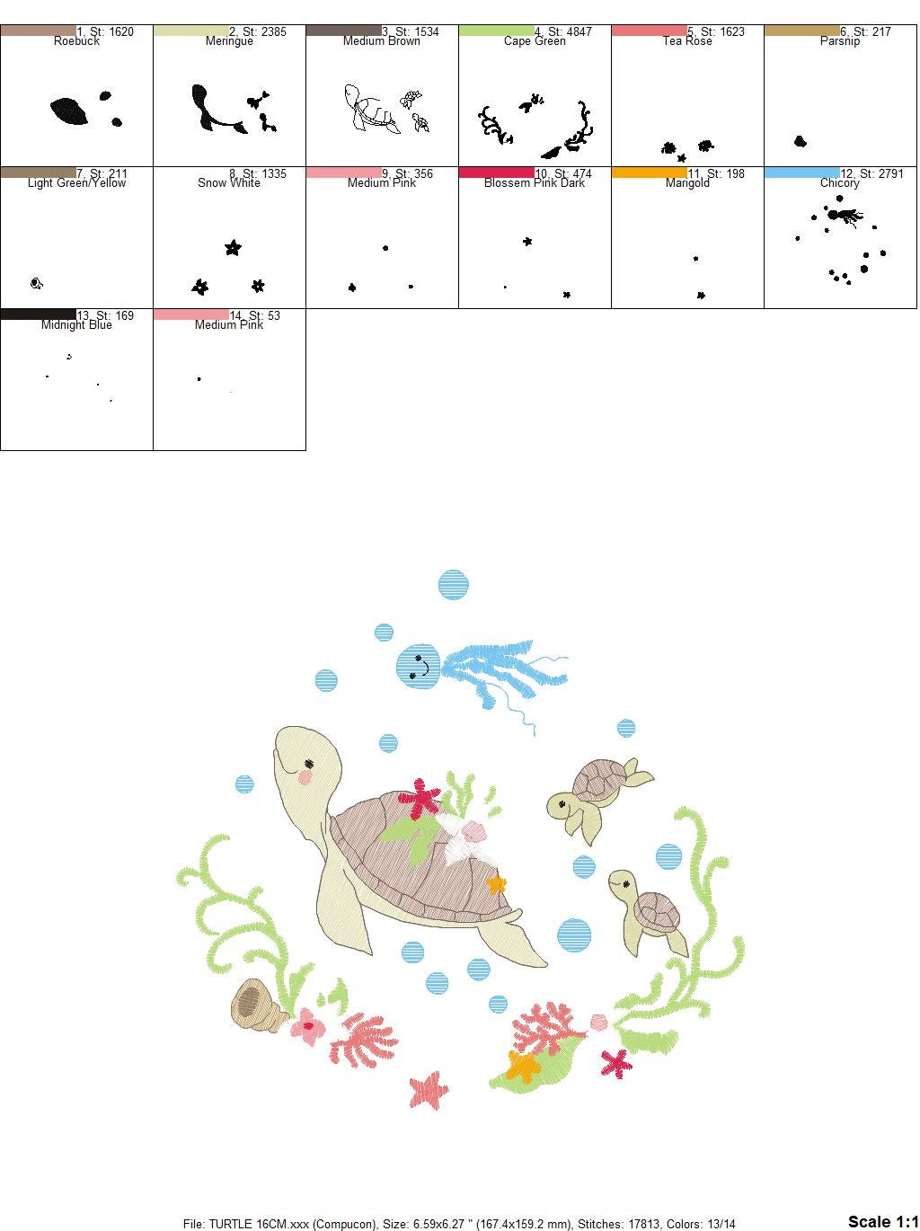 Turtle embroidery design - Ocean animal with shells algae and coral machine embroidery pattern - Baby boy and girl file - Instant download