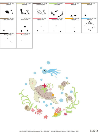 Turtle embroidery design - Ocean animal with shells algae and coral machine embroidery pattern - Baby boy and girl file - Instant download