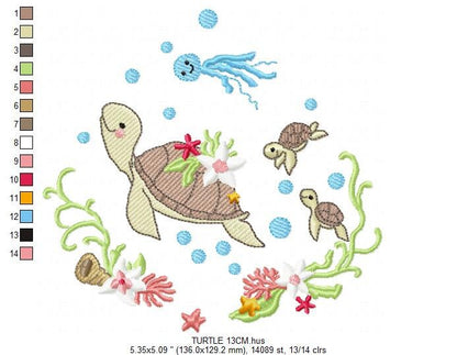 Turtle embroidery design - Ocean animal with shells algae and coral machine embroidery pattern - Baby boy and girl file - Instant download
