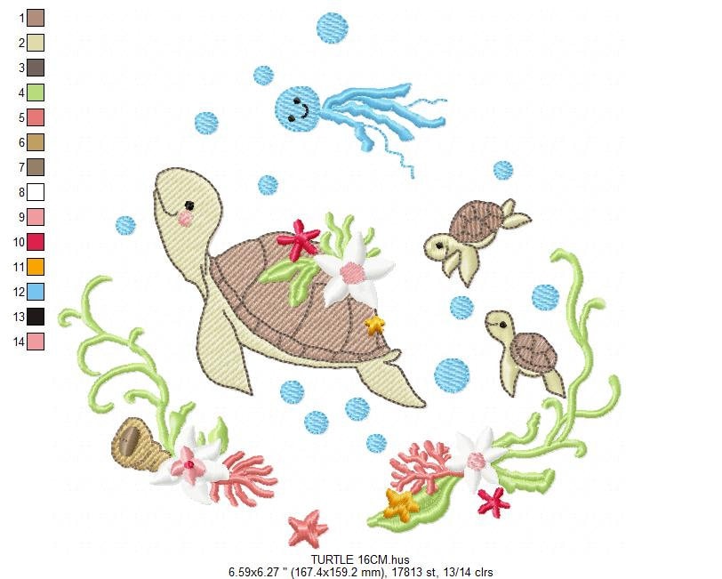 Turtle embroidery design - Ocean animal with shells algae and coral machine embroidery pattern - Baby boy and girl file - Instant download