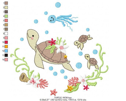 Turtle embroidery design - Ocean animal with shells algae and coral machine embroidery pattern - Baby boy and girl file - Instant download