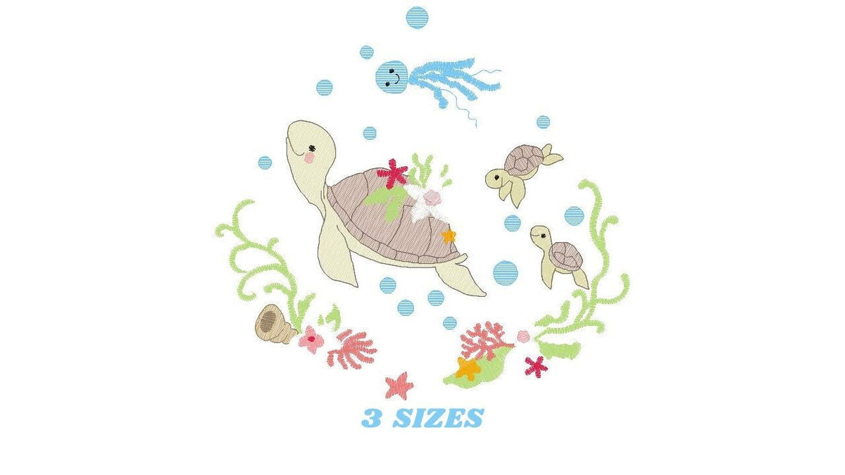 Turtle embroidery design - Ocean animal with shells algae and coral machine embroidery pattern - Baby boy and girl file - Instant download