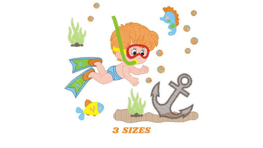 Boy Diver embroidery design - Ocean Swimmer with anchor and fishes machine embroidery pattern - Deep sea file - Instant digital download jef