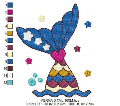 Mermaid embroidery designs - Mermaid Tail with waves and stars machine embroidery pattern - Baby Girl Mermaid fin - Instant download pes jef