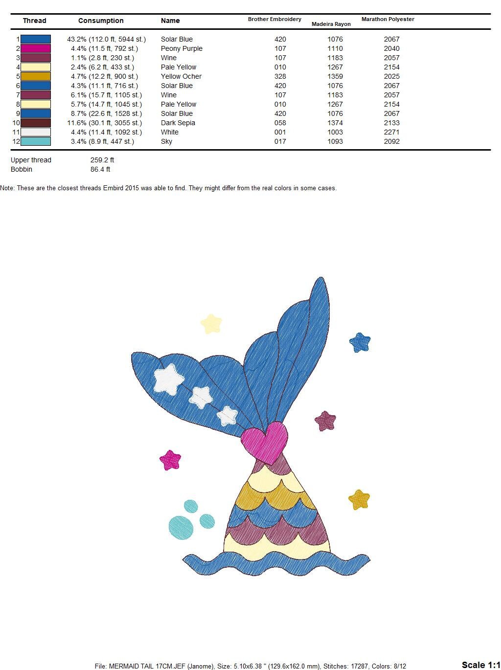 Mermaid embroidery designs - Mermaid Tail with waves and stars machine embroidery pattern - Baby Girl Mermaid fin - Instant download pes jef