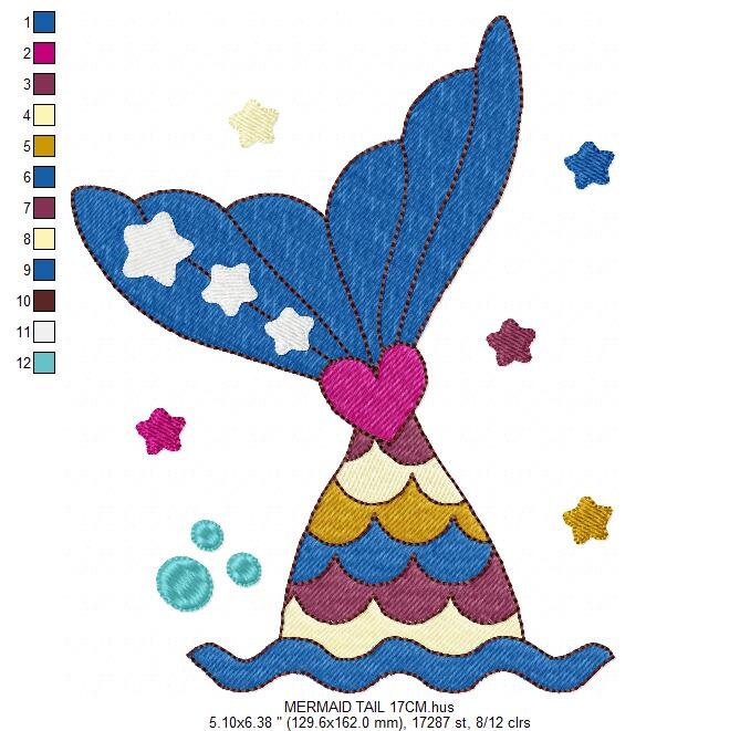 Mermaid embroidery designs - Mermaid Tail with waves and stars machine embroidery pattern - Baby Girl Mermaid fin - Instant download pes jef