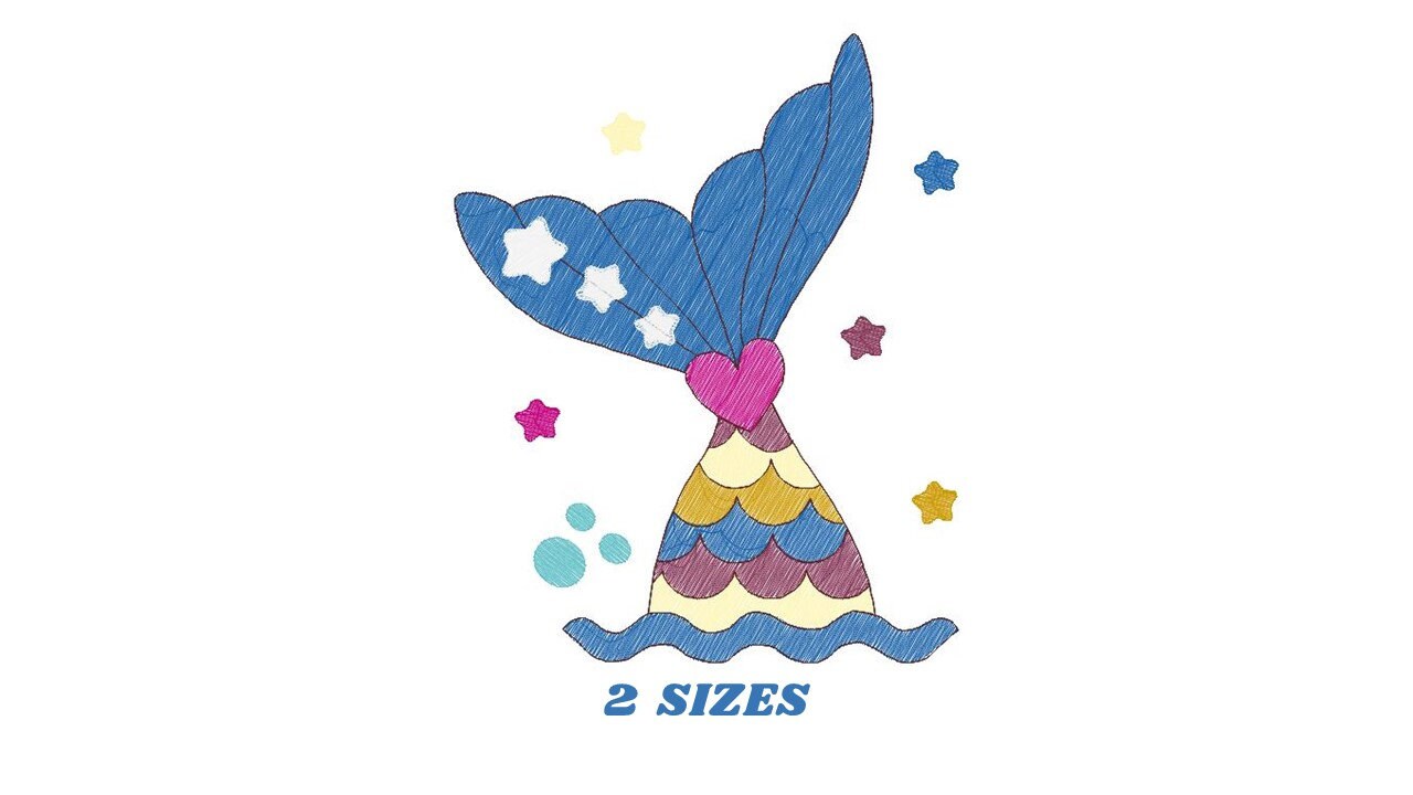 Mermaid embroidery designs - Mermaid Tail with waves and stars machine embroidery pattern - Baby Girl Mermaid fin - Instant download pes jef