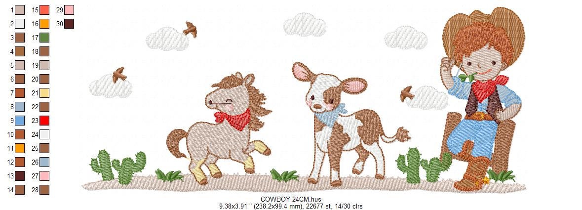Cowboy embroidery design - Farm Animal machine embroidery pattern - Wrangler Horse Cow Rancher Buckaroo - Instant digital download pes jef