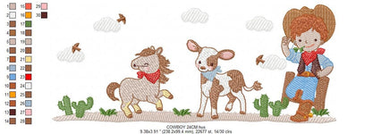 Cowboy embroidery design - Farm Animal machine embroidery pattern - Wrangler Horse Cow Rancher Buckaroo - Instant digital download pes jef