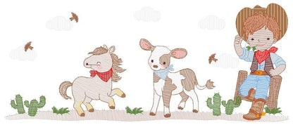 Cowboy embroidery design - Farm Animal machine embroidery pattern - Wrangler Horse Cow Rancher Buckaroo - Instant digital download pes jef