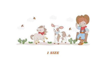 Cowboy embroidery design - Farm Animal machine embroidery pattern - Wrangler Horse Cow Rancher Buckaroo - Instant digital download pes jef