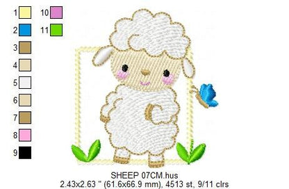 Sheep embroidery design - Lamb with butterfly frame machine embroidery pattern - Baby boy file - Farm ranch animal - Instant download pes