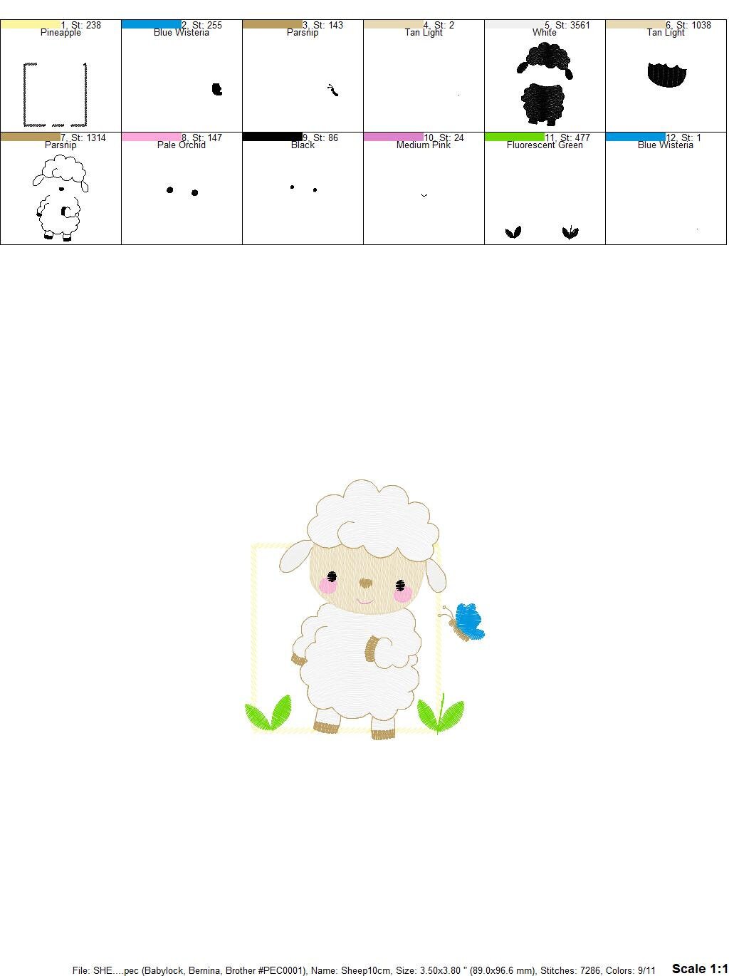 Sheep embroidery design - Lamb with butterfly frame machine embroidery pattern - Baby boy file - Farm ranch animal - Instant download pes