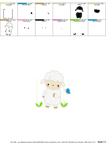 Sheep embroidery design - Lamb with butterfly frame machine embroidery pattern - Baby boy file - Farm ranch animal - Instant download pes