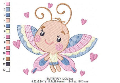 Butterfly with hearts embroidery design - Colorful Dragonfly machine embroidery pattern - Baby boy and girl file - Instant download digital