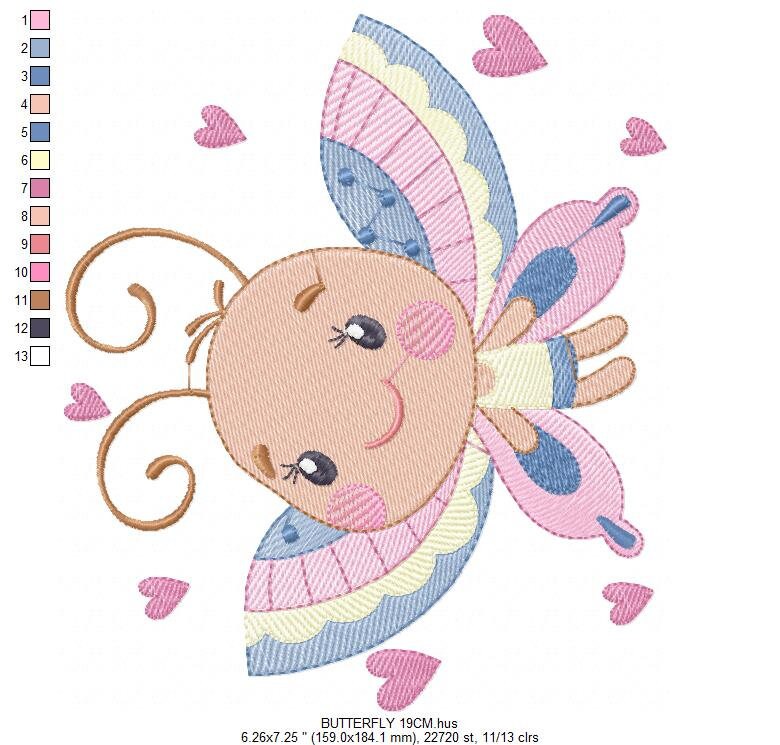 Butterfly with hearts embroidery design - Colorful Dragonfly machine embroidery pattern - Baby boy and girl file - Instant download digital