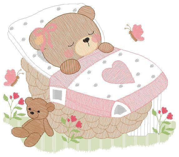 Newborn baby bear embroidery designs - Sleeping teddy bear machine embroidery pattern - baby girl file - Instant digital download pes jef