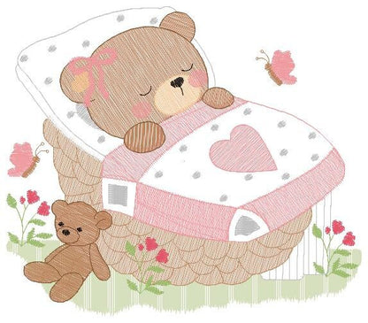 Newborn baby bear embroidery designs - Sleeping teddy bear machine embroidery pattern - baby girl file - Instant digital download pes jef