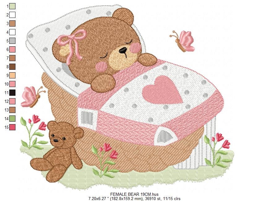 Newborn baby bear embroidery designs - Sleeping teddy bear machine embroidery pattern - baby girl file - Instant digital download pes jef