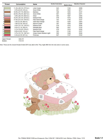 Newborn baby bear embroidery designs - Sleeping teddy bear machine embroidery pattern - baby girl file - Instant digital download pes jef