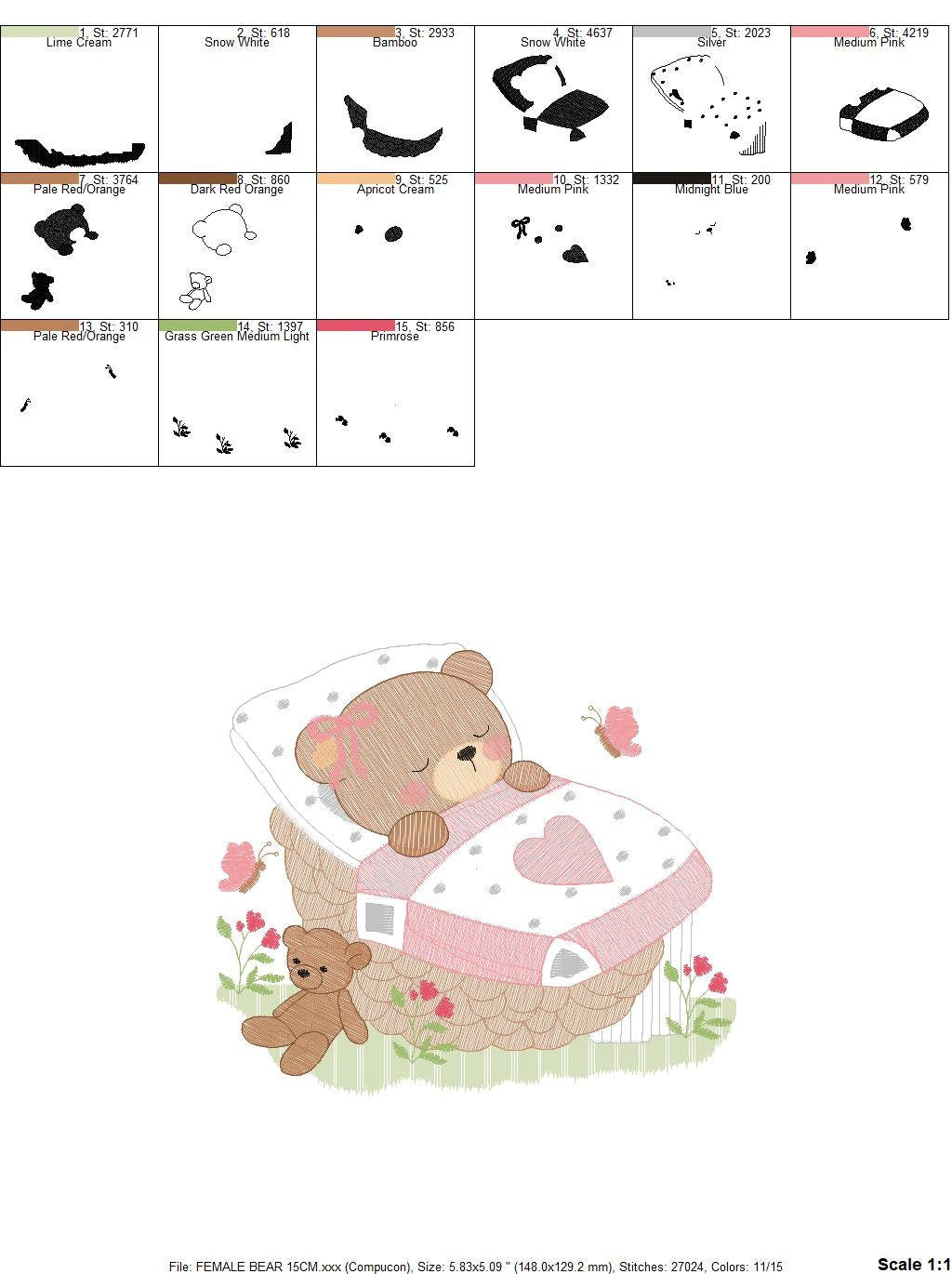 Newborn baby bear embroidery designs - Sleeping teddy bear machine embroidery pattern - baby girl file - Instant digital download pes jef