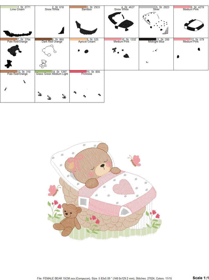 Newborn baby bear embroidery designs - Sleeping teddy bear machine embroidery pattern - baby girl file - Instant digital download pes jef