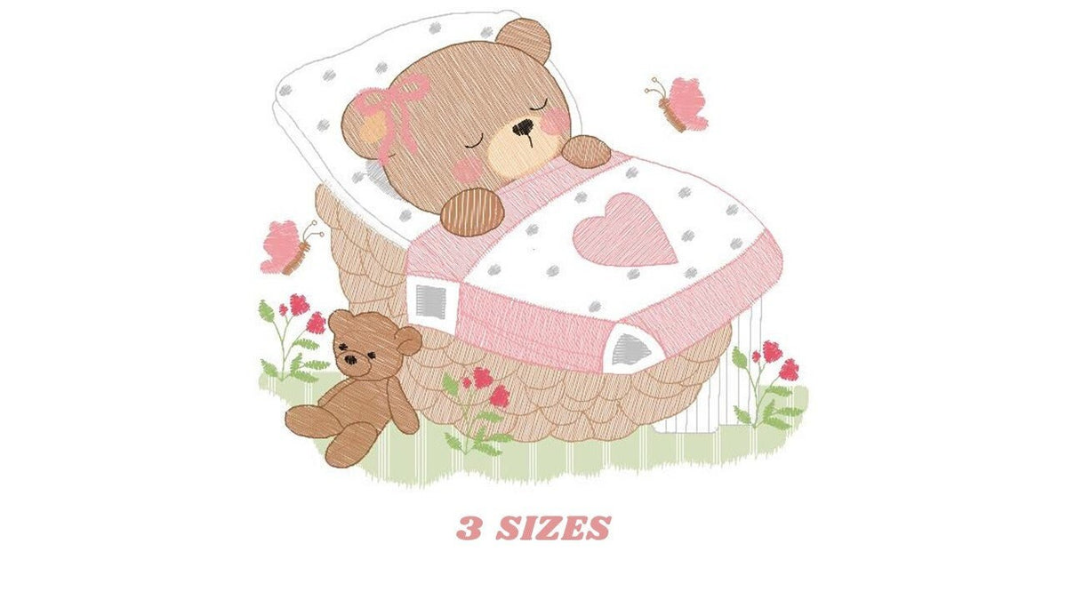 Newborn baby bear embroidery designs - Sleeping teddy bear machine embroidery pattern - baby girl file - Instant digital download pes jef