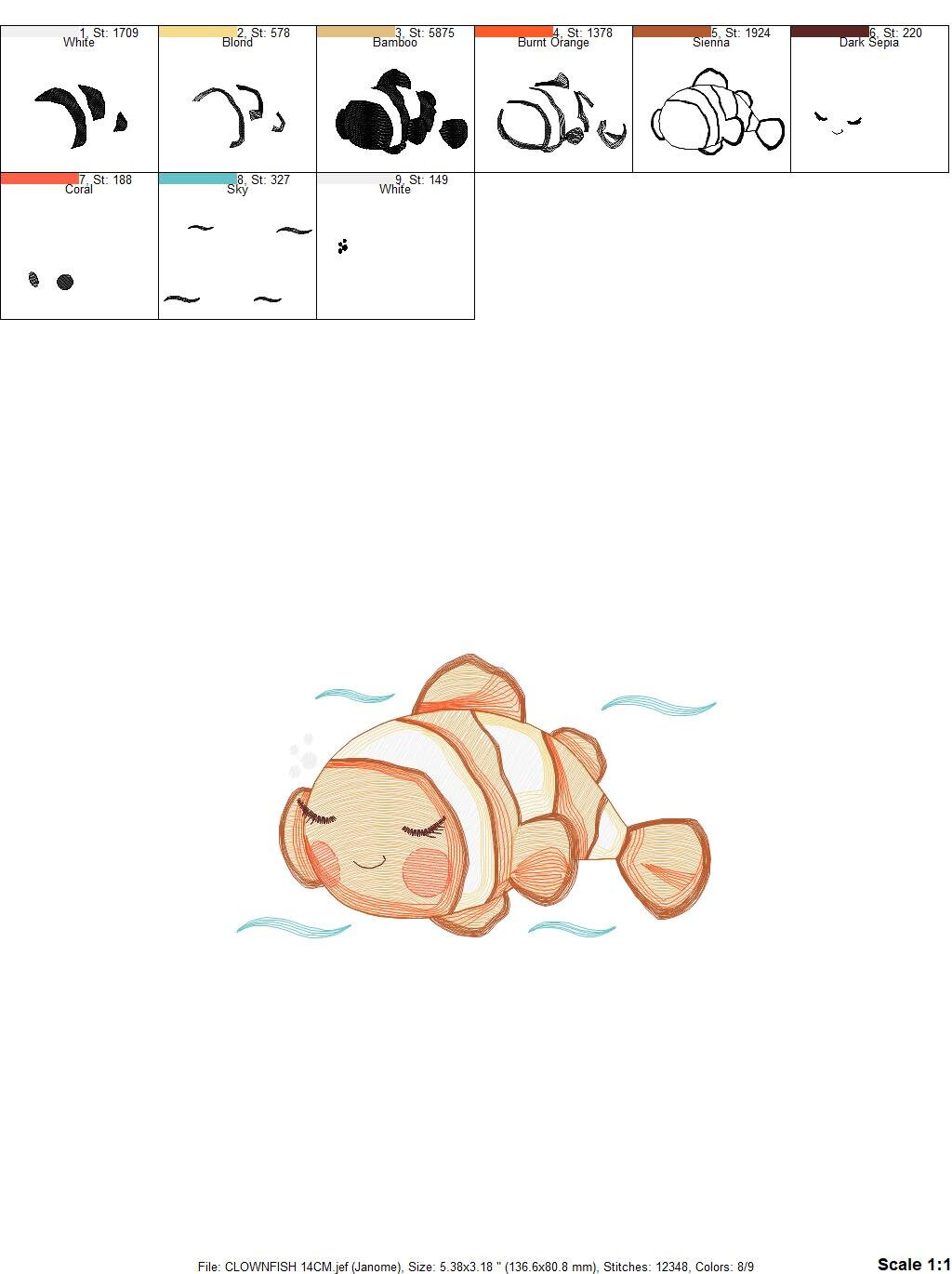 Clown Fish embroidery designs - Ocean animals embroidery design machine embroidery pattern - Sleeping Fish embroidery - delicate sea animal Marcia Embroidery
