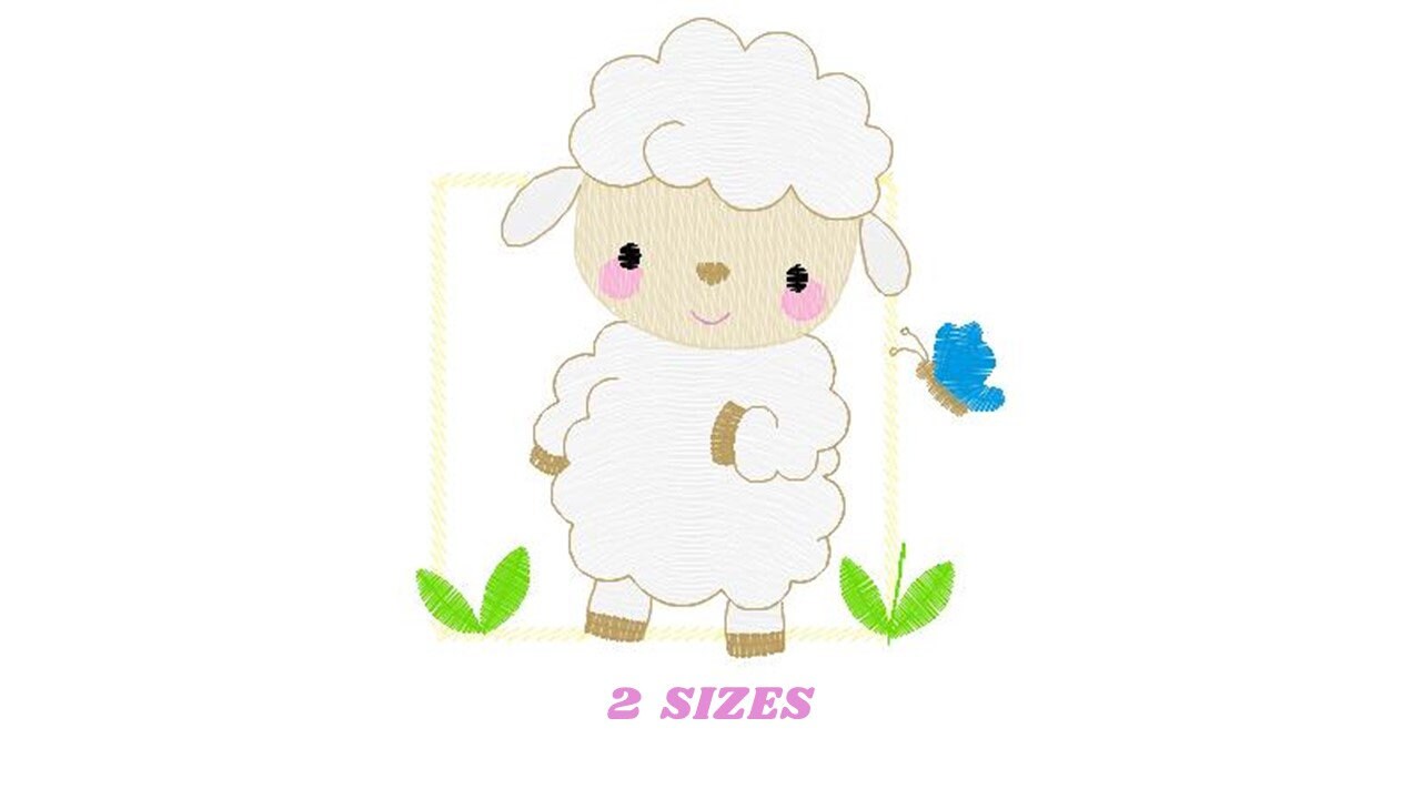 Sheep embroidery design - Lamb with butterfly frame machine embroidery pattern - Baby boy file - Farm ranch animal - Instant download pes