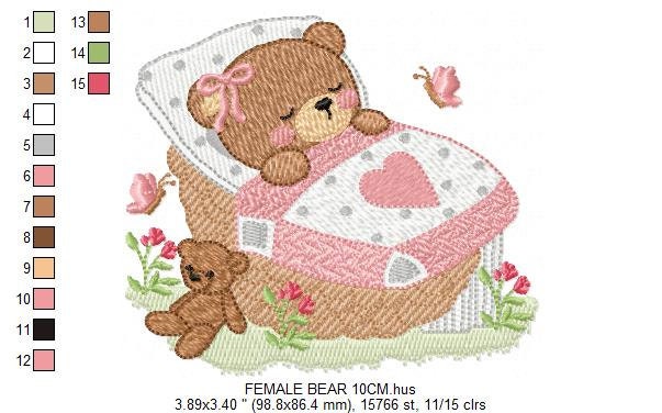 Newborn baby bear embroidery designs - Sleeping teddy bear machine embroidery pattern - baby girl file - Instant digital download pes jef