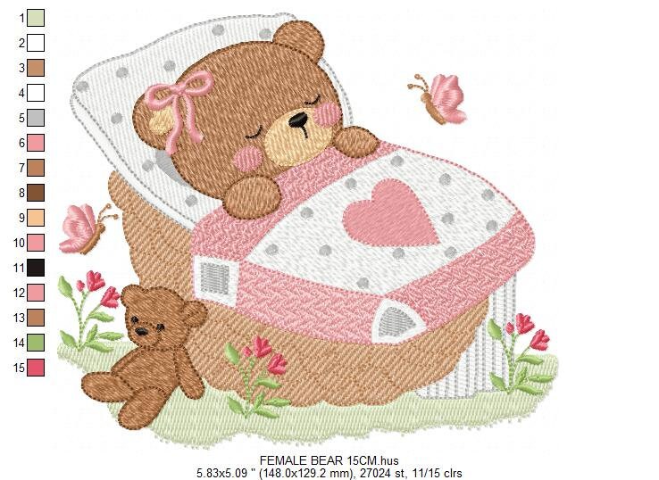 Newborn baby bear embroidery designs - Sleeping teddy bear machine embroidery pattern - baby girl file - Instant digital download pes jef