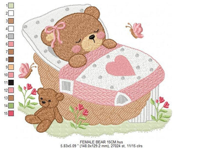 Newborn baby bear embroidery designs - Sleeping teddy bear machine embroidery pattern - baby girl file - Instant digital download pes jef