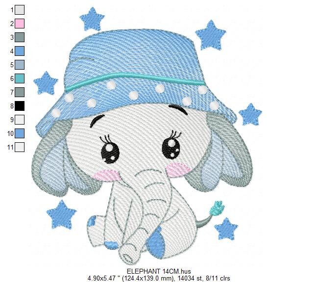 Baby Elephant with hat embroidery designs - Safari wild Animal with stars machine embroidery pattern - Baby boy file - Instant download pes
