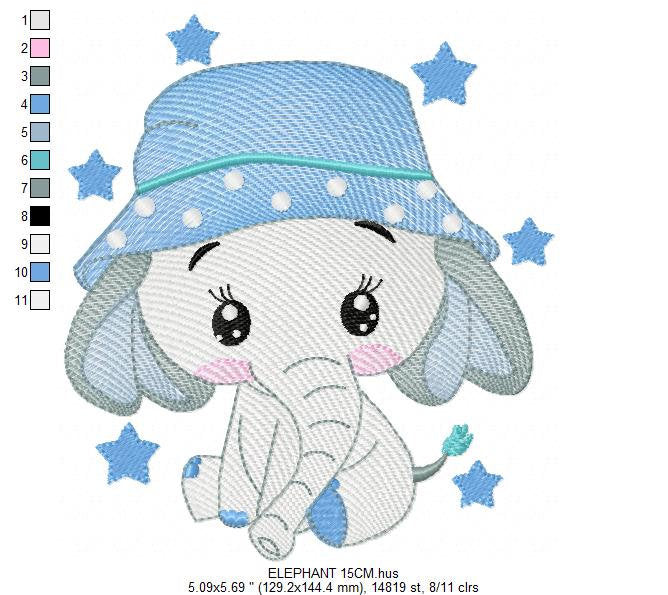 Baby Elephant with hat embroidery designs - Safari wild Animal with stars machine embroidery pattern - Baby boy file - Instant download pes