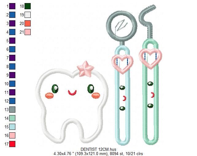Tooth applique embroidery designs - Dental kit machine embroidery pattern - Dentist Teeth file - Instant digital download pes jef dst hus