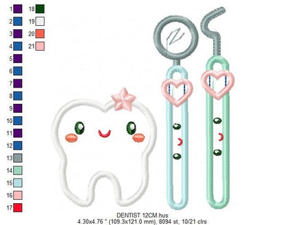 Tooth applique embroidery designs - Dental kit machine embroidery pattern - Dentist Teeth file - Instant digital download pes jef dst hus