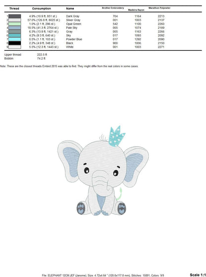 King Elephant embroidery designs - Animal embroidery design machine embroidery pattern - Baby girl embroidery file - elephant with crown pes Marcia Embroidery
