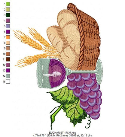 Communion Eucharist embroidery designs - Bread Grape Wine Wheat machine embroidery pattern - Catholic file - Instant download pes jef hus