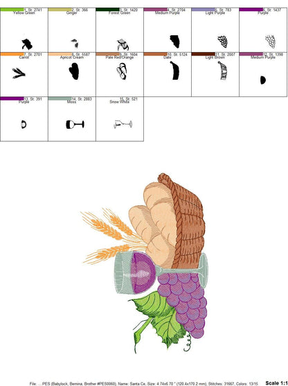 Communion Eucharist embroidery designs - Bread Grape Wine Wheat machine embroidery pattern - Catholic file - Instant download pes jef hus