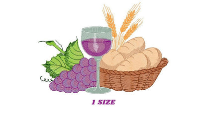 Communion Eucharist embroidery designs - Bread Grape Wine Wheat machine embroidery pattern - Catholic file - Instant download pes jef hus