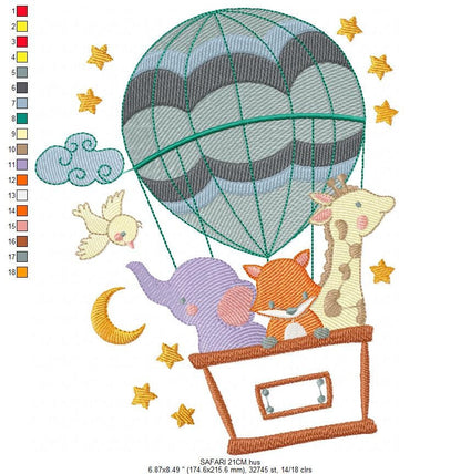 Animal embroidery designs - Hot air balloon embroidery design machine embroidery pattern - Safari embroidery file - Elephant Giraffe Fox pes