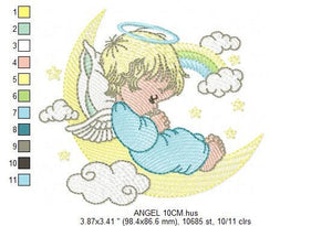 Angel embroidery designs - Boy in moon embroidery design machine embroidery pattern - Angel wings halo embroidery file - stars and rainbow