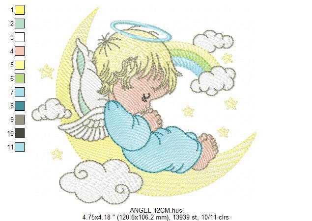 Angel embroidery designs - Boy in moon embroidery design machine embroidery pattern - Angel wings halo embroidery file - stars and rainbow